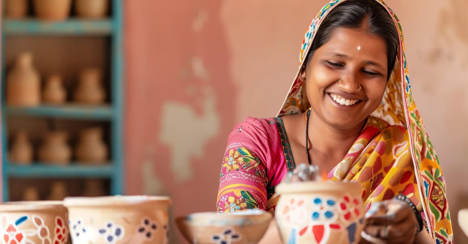 Smiling Artisan Hand-Painting Terracotta